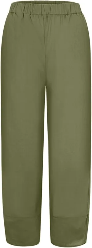Women's Linen Summer Pull On Pants High Waist Ankle Length Loose Fit Palazzo Lounge Pants Beach