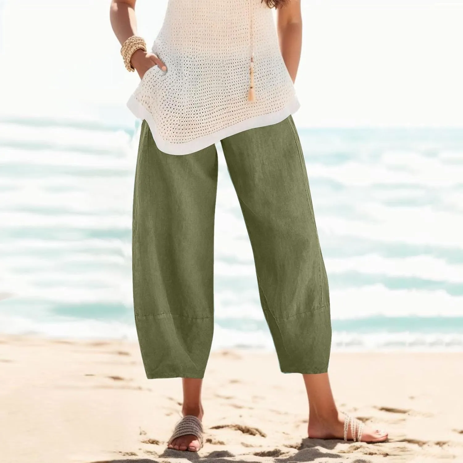 Women's Linen Summer Pull On Pants High Waist Ankle Length Loose Fit Palazzo Lounge Pants Beach