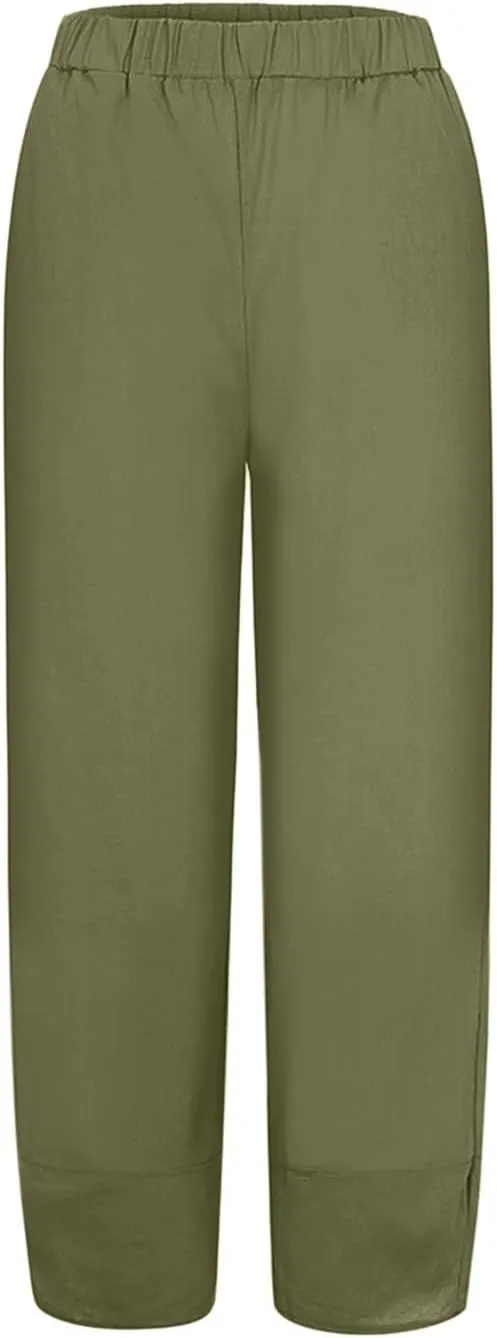 Women's Linen Summer Pull On Pants High Waist Ankle Length Loose Fit Palazzo Lounge Pants Beach