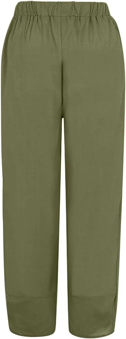 Women's Linen Summer Pull On Pants High Waist Ankle Length Loose Fit Palazzo Lounge Pants Beach