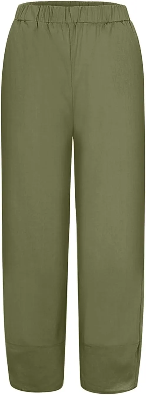 Women's Linen Summer Pull On Pants High Waist Ankle Length Loose Fit Palazzo Lounge Pants Beach