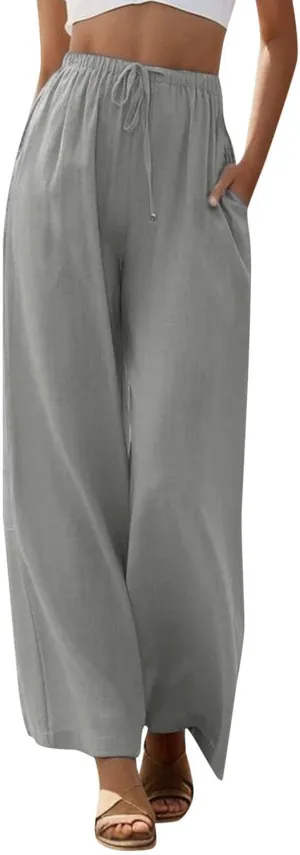 Womens Linen Summer Striped Palazzo Lounge Pants Elastic Waisted Wide Leg Loose Fit Palazzo Lounge Pants Office