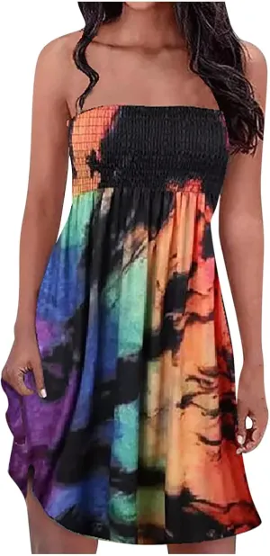 Womens Off Shoulder Fashion Printed Sexy Dresses Sleeveless Padded A-Line Boho Dress Strapless Casual Dress