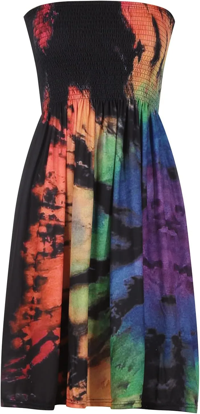 Womens Off Shoulder Fashion Printed Sexy Dresses Sleeveless Padded A-Line Boho Dress Strapless Casual Dress