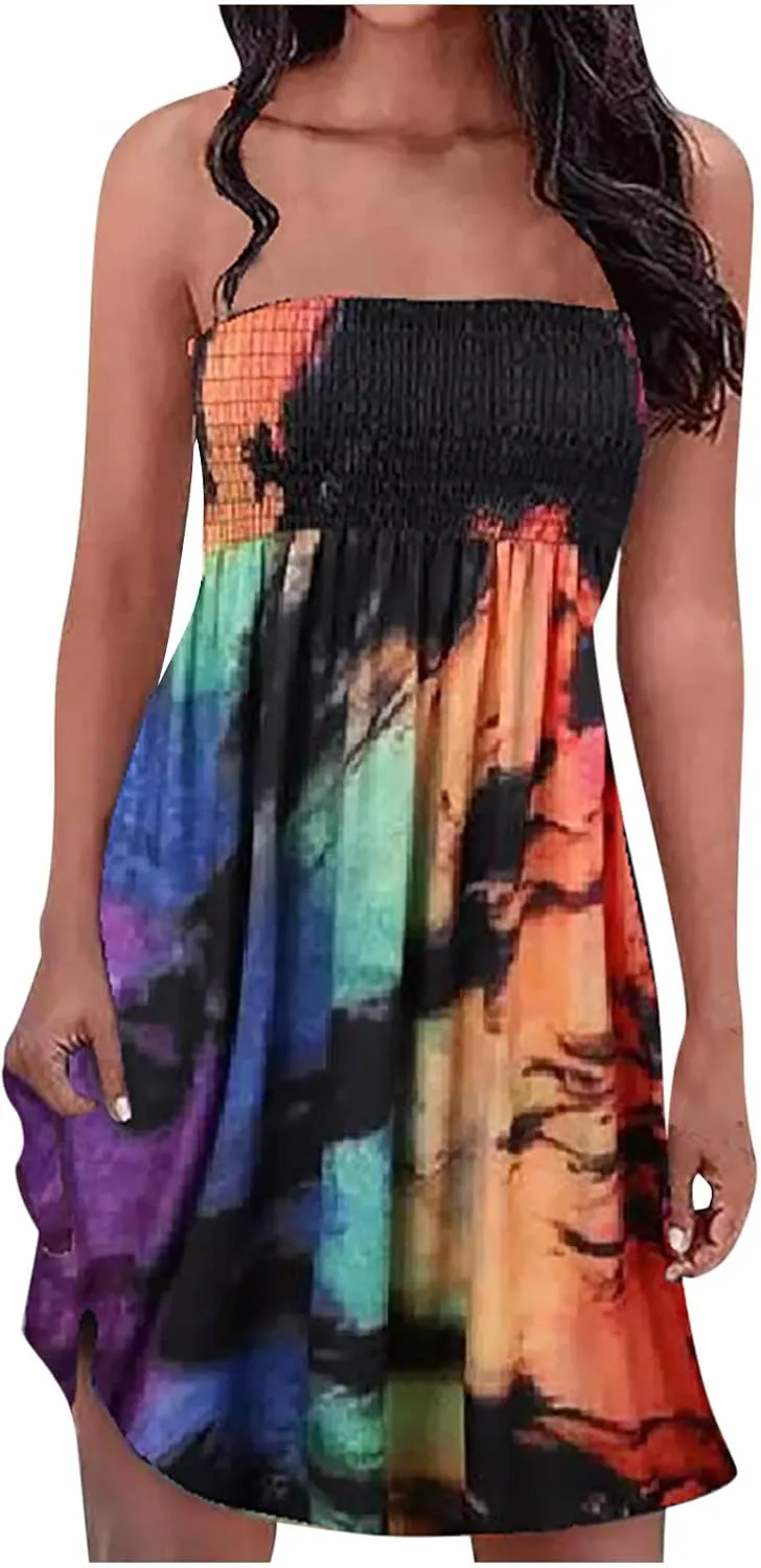 Womens Off Shoulder Fashion Printed Sexy Dresses Sleeveless Padded A-Line Boho Dress Strapless Casual Dress