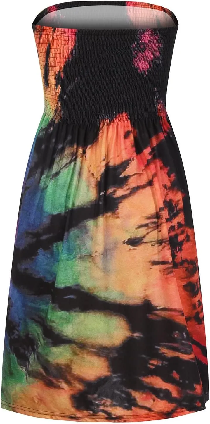Womens Off Shoulder Fashion Printed Sexy Dresses Sleeveless Padded A-Line Boho Dress Strapless Casual Dress