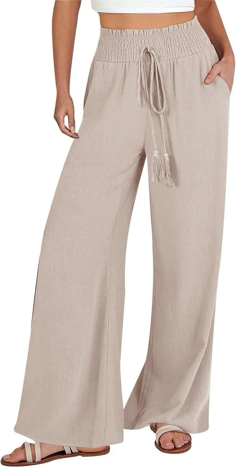 Women's Palazzo Pants Loose Casual Vacation High Waist Lace-Up Wide Leg Trousers Comfy Linen Pants with Pockets