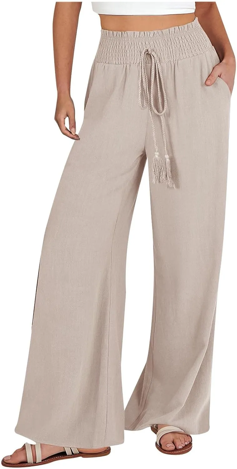 Women's Palazzo Pants Loose Casual Vacation High Waist Lace-Up Wide Leg Trousers Comfy Linen Pants with Pockets