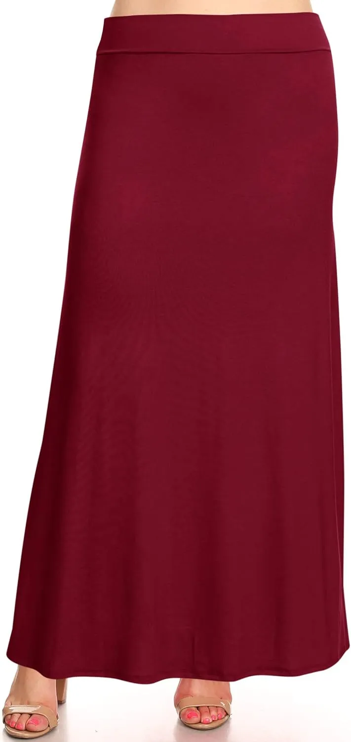 Women's Plus Size Elastic Band Foldable High Waist Relaxed Solid Maxi Skirt Made in USA