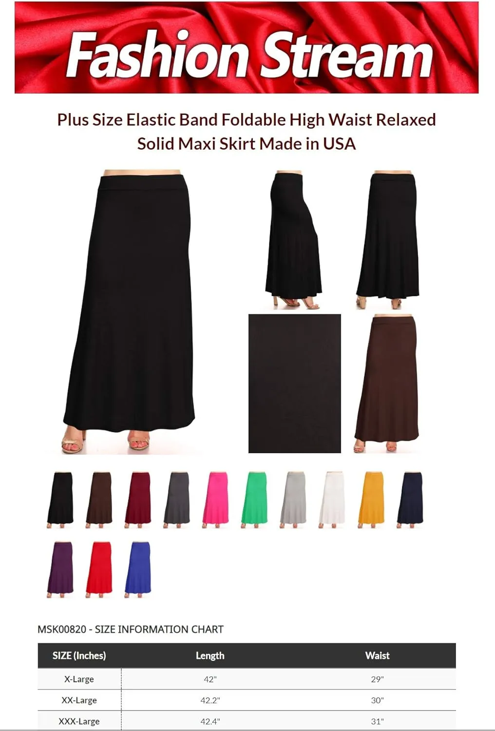 Women's Plus Size Elastic Band Foldable High Waist Relaxed Solid Maxi Skirt Made in USA