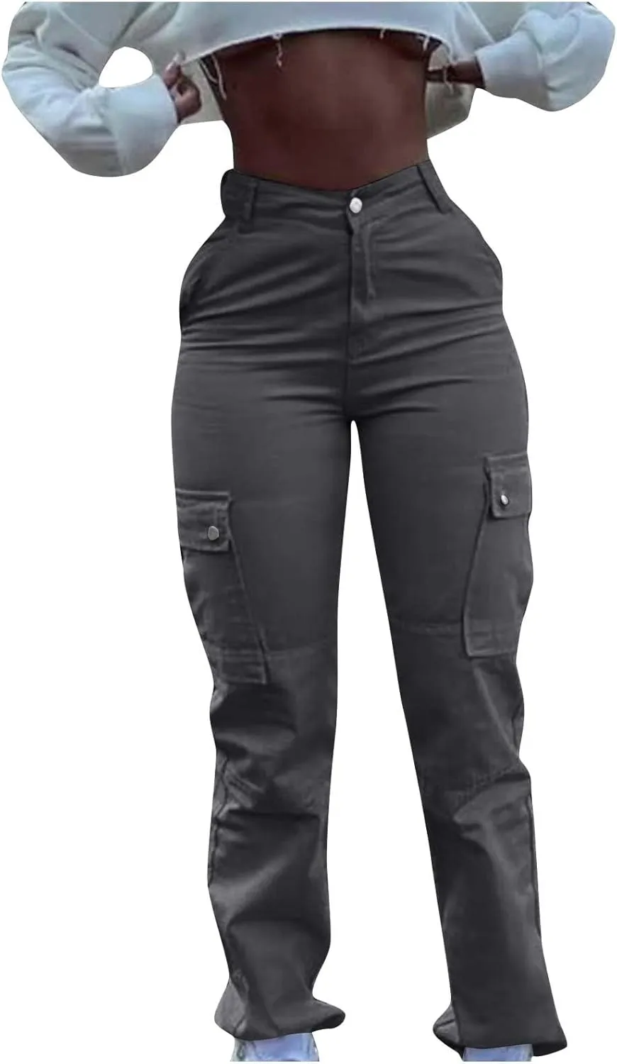 Women's Retro Denim Cargo Pants Casual High Waist Trousers Fashion Hippie Streetwear Wide Leg Jeans Pants with Pockets