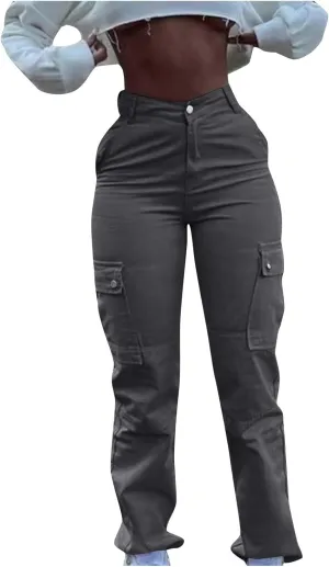 Women's Retro Denim Cargo Pants Casual High Waist Trousers Fashion Hippie Streetwear Wide Leg Jeans Pants with Pockets