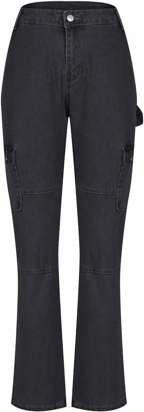 Women's Retro Denim Cargo Pants Casual High Waist Trousers Fashion Hippie Streetwear Wide Leg Jeans Pants with Pockets