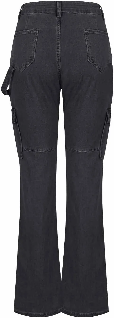 Women's Retro Denim Cargo Pants Casual High Waist Trousers Fashion Hippie Streetwear Wide Leg Jeans Pants with Pockets