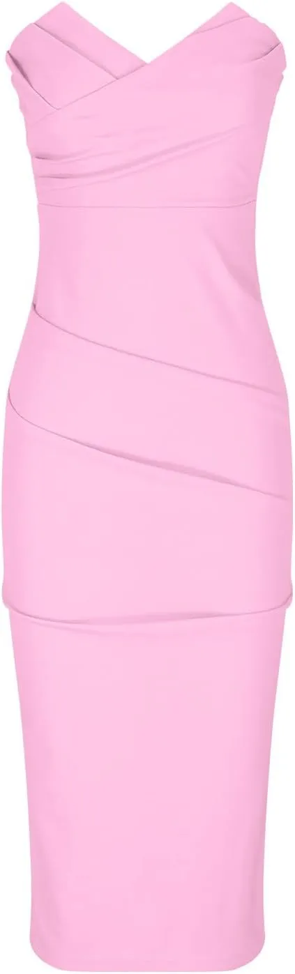 Women's Sexy Slim Party Dress Solid Color V-Neck Strapless Midi Dress Pleated Split Fashion Dresses