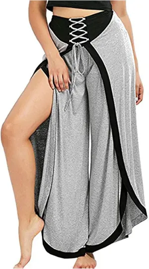 Women's Sexy Sport Wide Leg Pants Floral Print Lace Up Loose High Waist Palazzo Flared Trousers