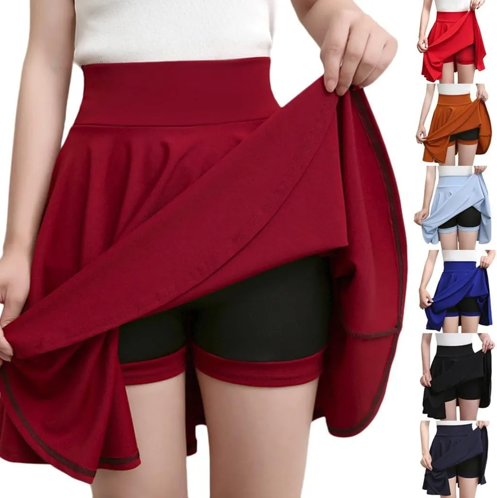 Women's Skort with Built-in Shorts 2025 Fashion Casual Stretchy Pleated High Waisted Flared Mini Tennis Skater Skirt