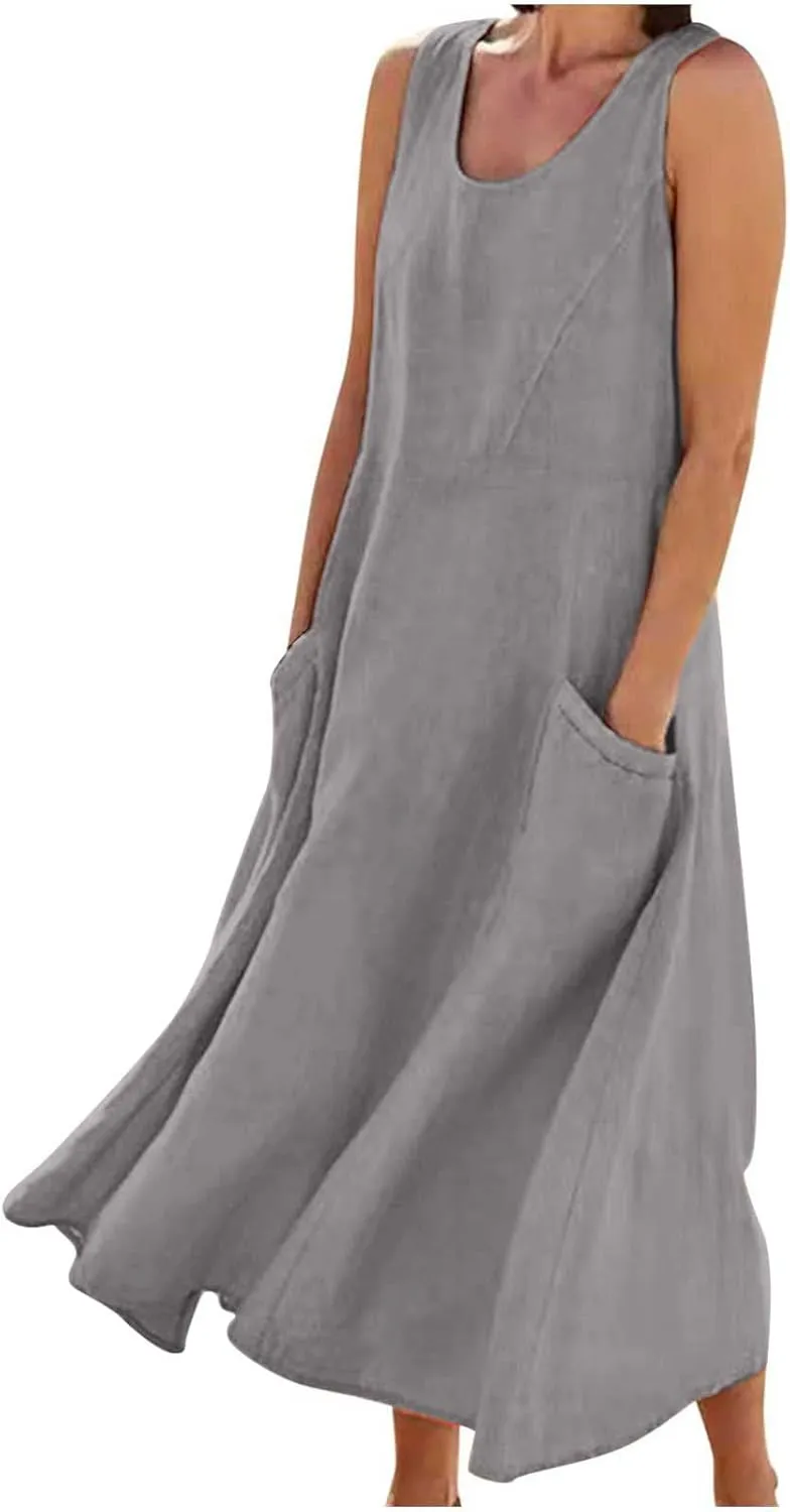 Womens Spring Summer Dresses Casual Round Neck Pleated Solid Color Beach Dress Swing Pleated Casual Vacation Dresses