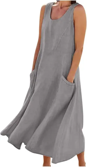Womens Spring Summer Dresses Casual Round Neck Pleated Solid Color Beach Dress Swing Pleated Casual Vacation Dresses
