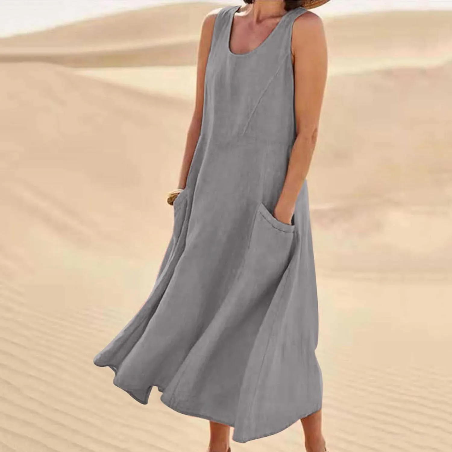 Womens Spring Summer Dresses Casual Round Neck Pleated Solid Color Beach Dress Swing Pleated Casual Vacation Dresses