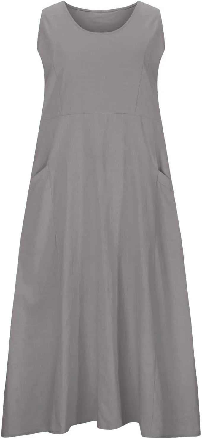 Womens Spring Summer Dresses Casual Round Neck Pleated Solid Color Beach Dress Swing Pleated Casual Vacation Dresses