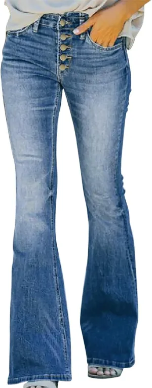 Women's Stretch Flare Jeans - Trendy High Waisted Wide Leg Bell Bottom Jeans Tummy Control Button Fly Denim Trousers