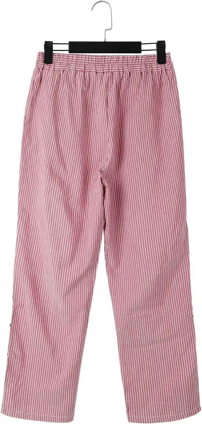 Womens Striped Linen Pants Casual High Waisted Wide Leg Cropped Pants Summer Beach Gauze Capri Trousers with Pockets