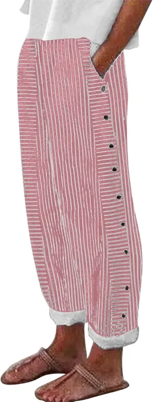 Womens Striped Linen Pants Casual High Waisted Wide Leg Cropped Pants Summer Beach Gauze Capri Trousers with Pockets