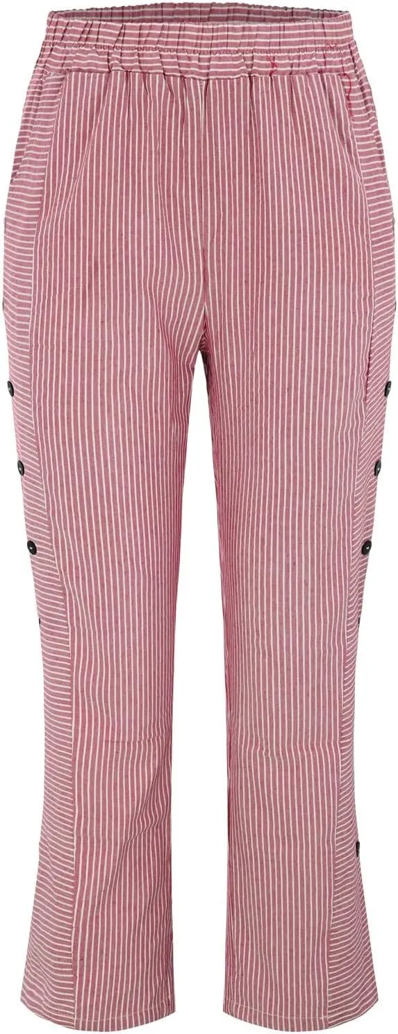 Womens Striped Linen Pants Casual High Waisted Wide Leg Cropped Pants Summer Beach Gauze Capri Trousers with Pockets