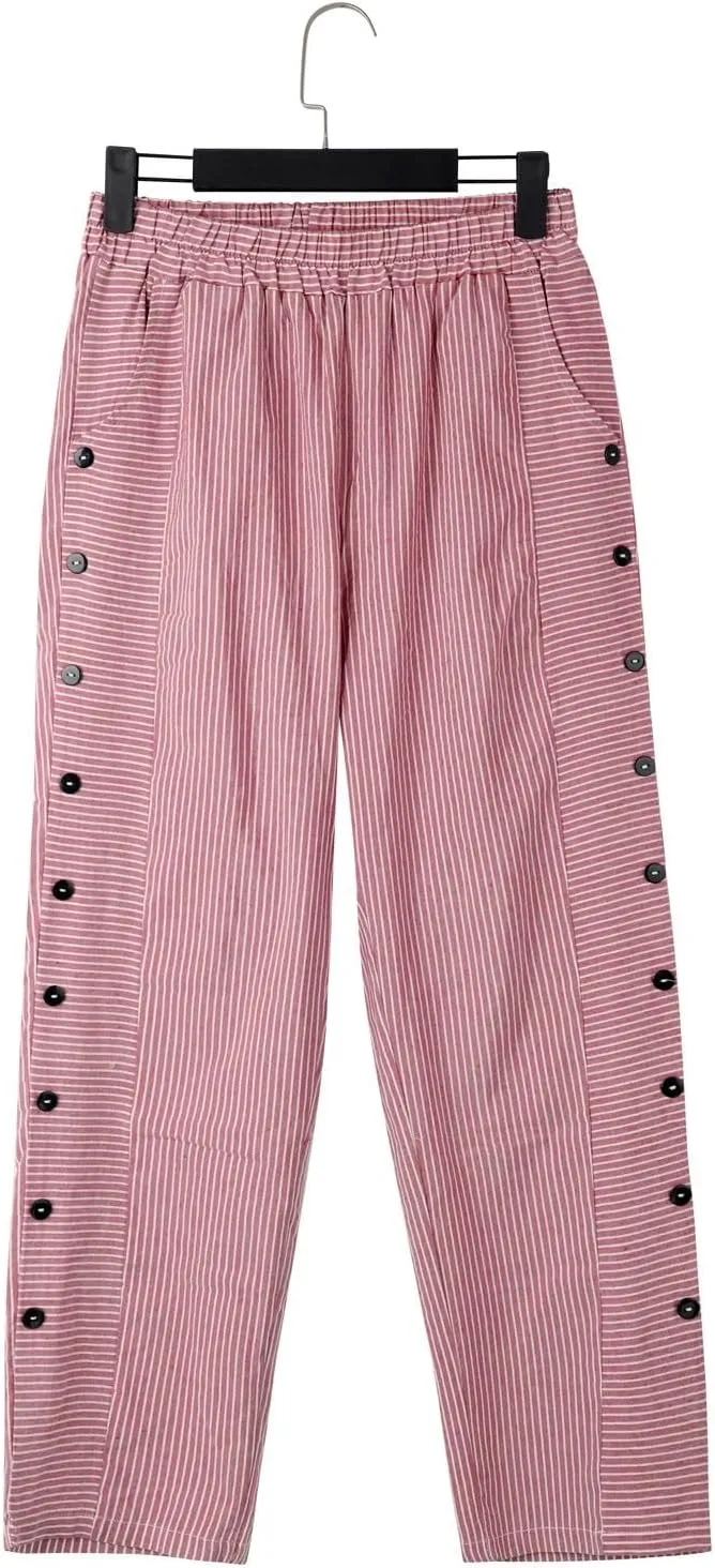 Womens Striped Linen Pants Casual High Waisted Wide Leg Cropped Pants Summer Beach Gauze Capri Trousers with Pockets