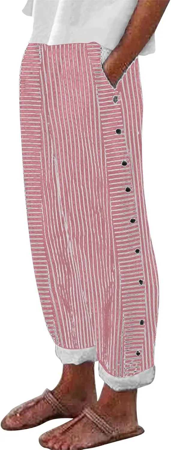 Womens Striped Linen Pants Casual High Waisted Wide Leg Cropped Pants Summer Beach Gauze Capri Trousers with Pockets