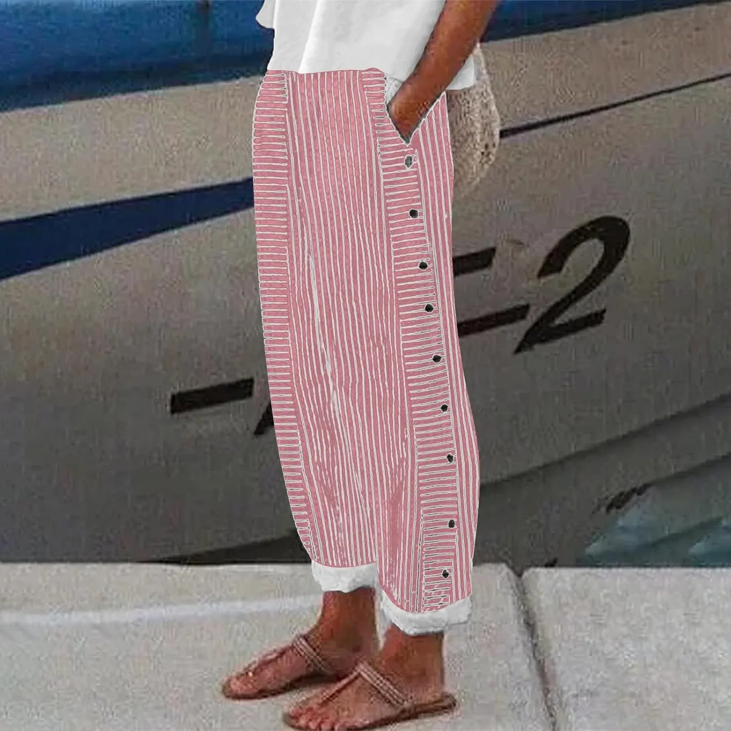 Womens Striped Linen Pants Casual High Waisted Wide Leg Cropped Pants Summer Beach Gauze Capri Trousers with Pockets