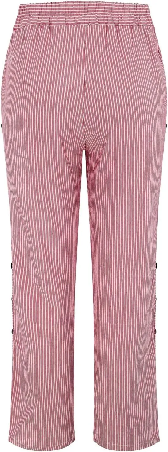 Womens Striped Linen Pants Casual High Waisted Wide Leg Cropped Pants Summer Beach Gauze Capri Trousers with Pockets