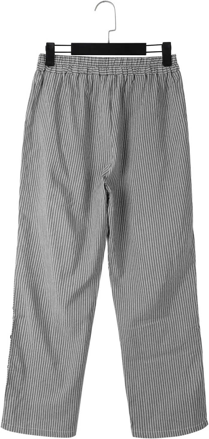 Womens Striped Linen Pants Cropped Side Bottom Trim Elastic Waist Capris Lightweight Summer Beach Trouser with Pocket