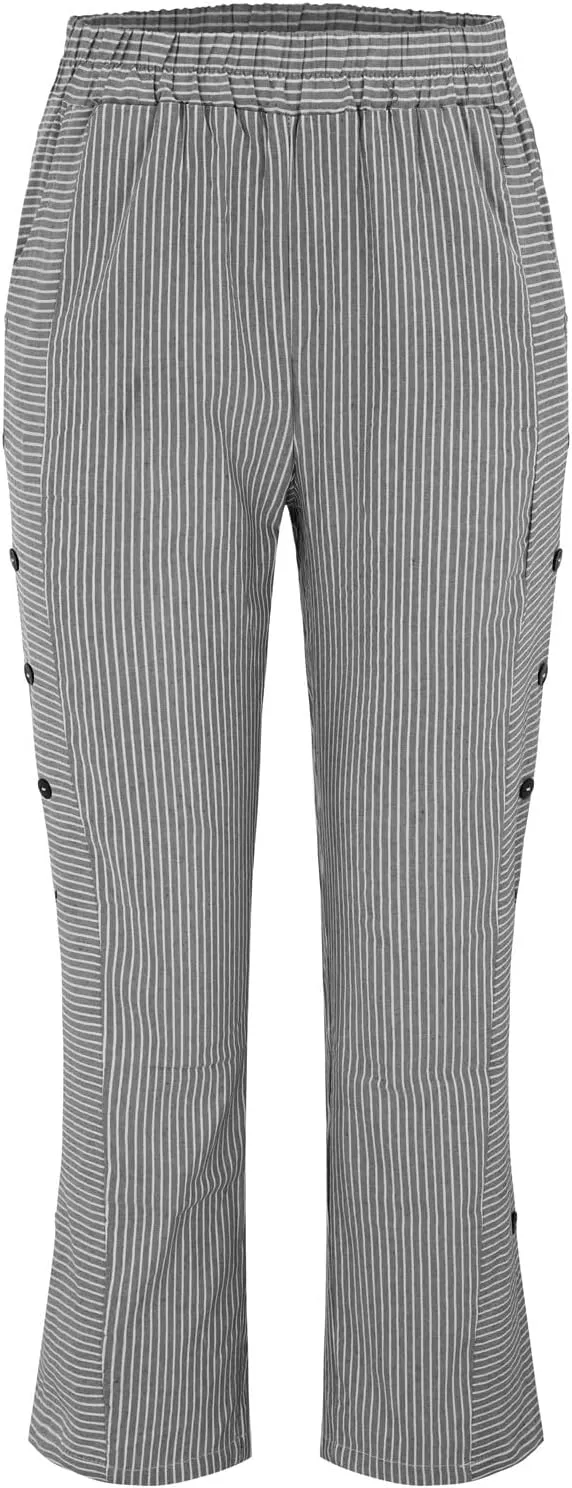 Womens Striped Linen Pants Cropped Side Bottom Trim Elastic Waist Capris Lightweight Summer Beach Trouser with Pocket