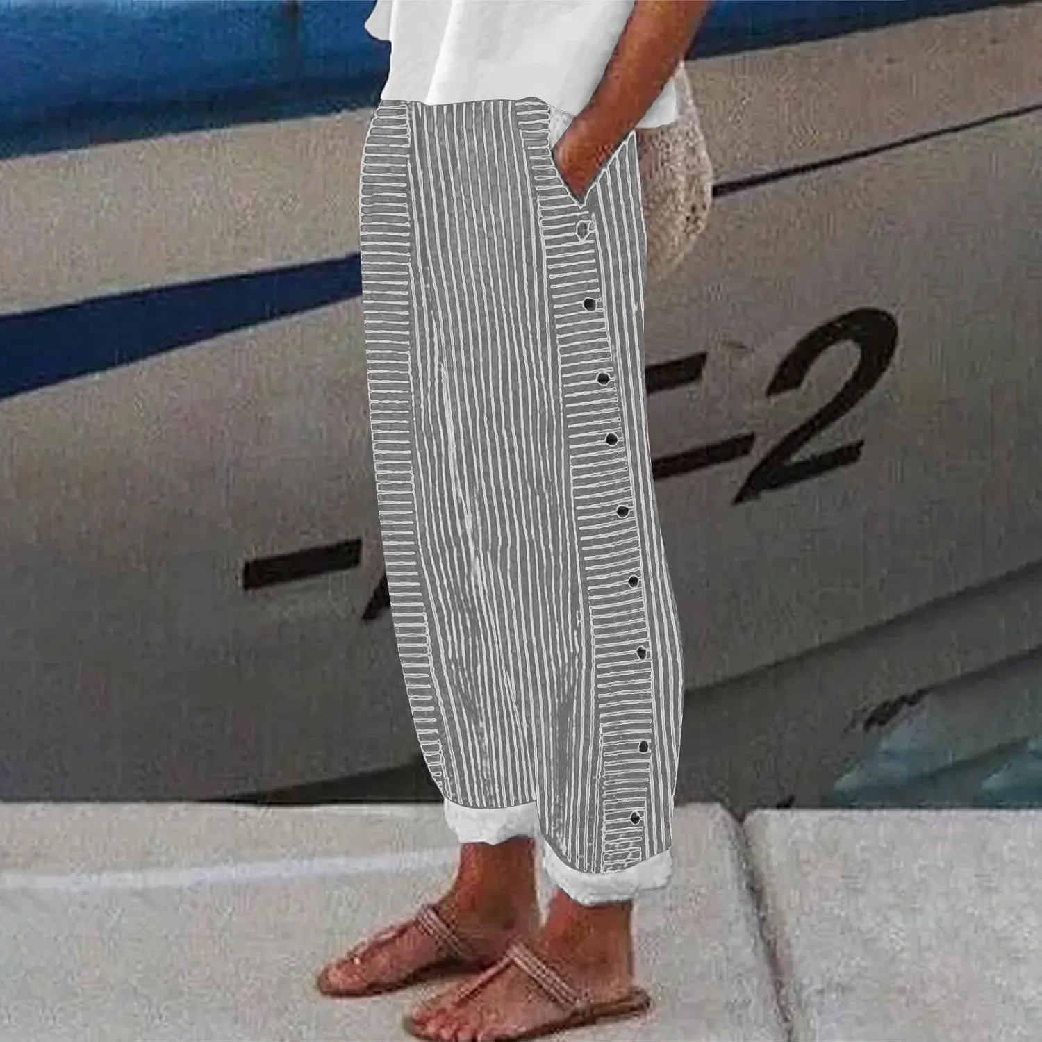 Womens Striped Linen Pants Cropped Side Bottom Trim Elastic Waist Capris Lightweight Summer Beach Trouser with Pocket