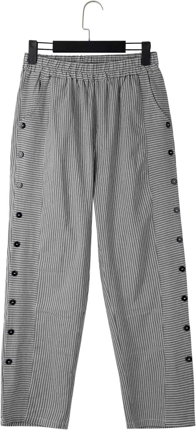 Womens Striped Linen Pants Cropped Side Bottom Trim Elastic Waist Capris Lightweight Summer Beach Trouser with Pocket