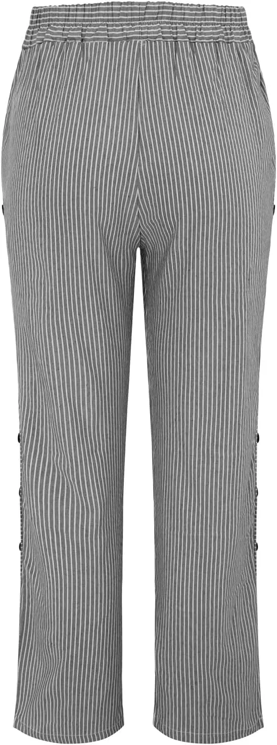 Womens Striped Linen Pants Cropped Side Bottom Trim Elastic Waist Capris Lightweight Summer Beach Trouser with Pocket