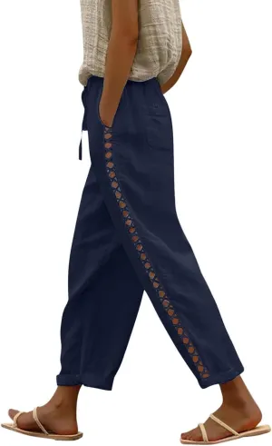 Women's Summer Casual Linen Pants Capris Drawstring Elastic High Waist Cotton Linen Cropped Trousers with Pockets