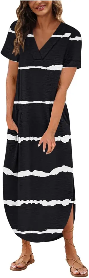 Women's Summer Casual Loose Dress Short Sleeve V-Neck Dress Split Maxi Beach Sundress Travel Vacation Outfits
