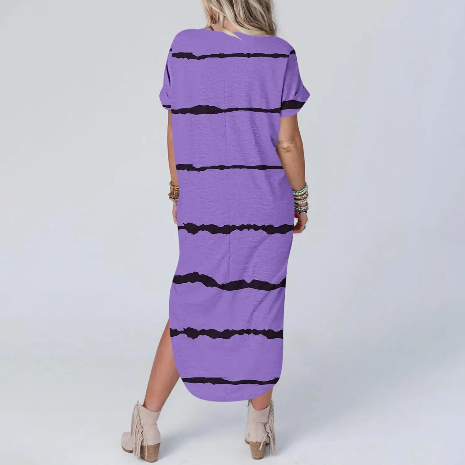 Women's Summer Casual Loose Dress Short Sleeve V-Neck Dress Split Maxi Beach Sundress Travel Vacation Outfits