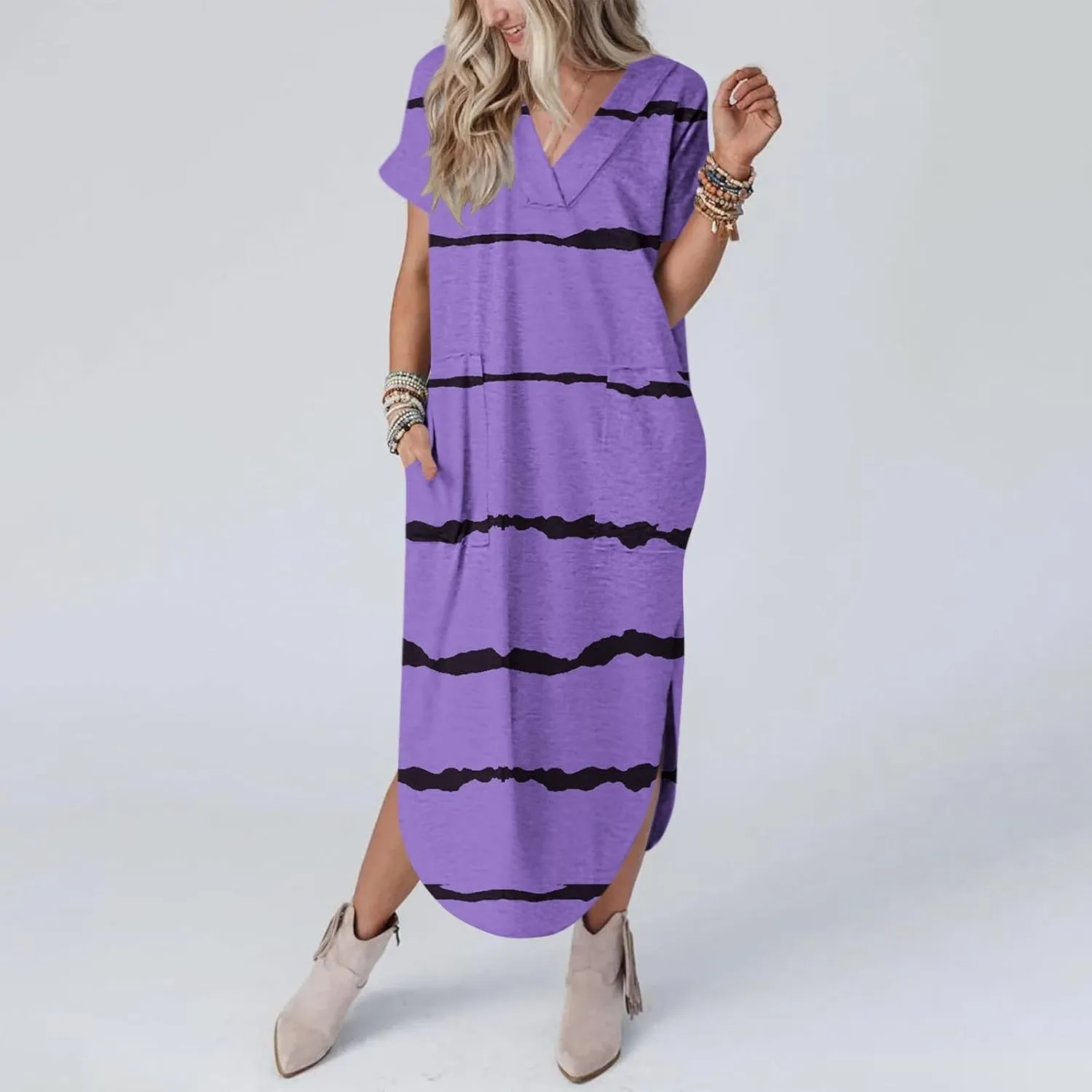 Women's Summer Casual Loose Dress Short Sleeve V-Neck Dress Split Maxi Beach Sundress Travel Vacation Outfits
