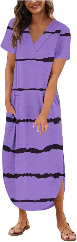 Women's Summer Casual Loose Dress Short Sleeve V-Neck Dress Split Maxi Beach Sundress Travel Vacation Outfits