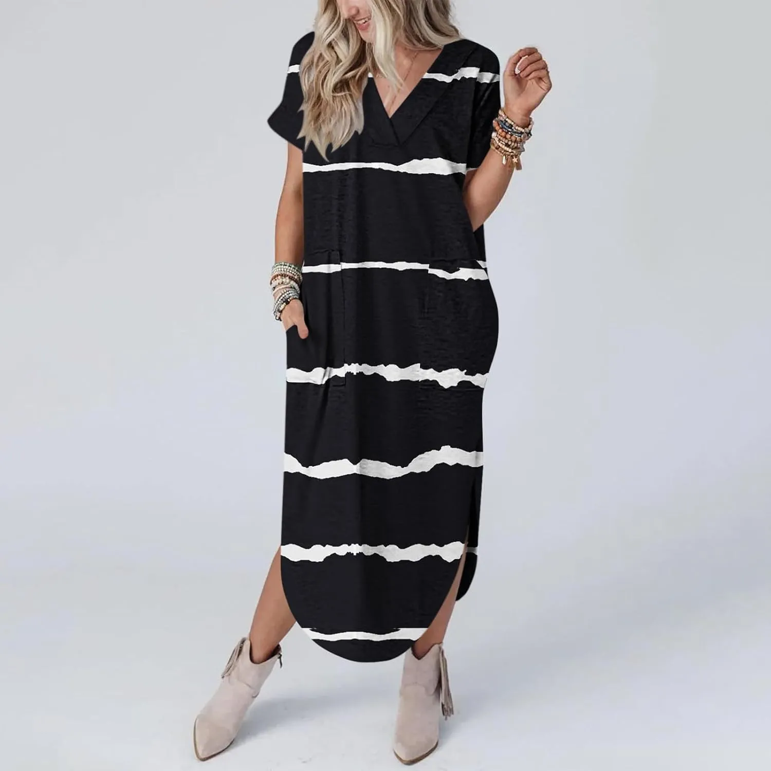 Women's Summer Casual Loose Dress Short Sleeve V-Neck Dress Split Maxi Beach Sundress Travel Vacation Outfits