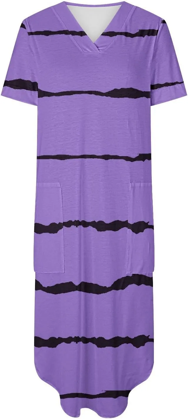 Women's Summer Casual Loose Dress Short Sleeve V-Neck Dress Split Maxi Beach Sundress Travel Vacation Outfits
