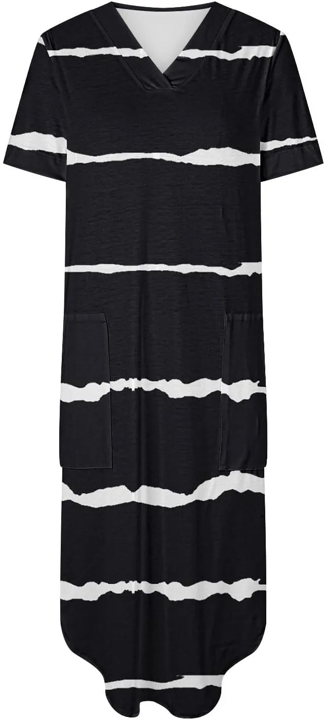 Women's Summer Casual Loose Dress Short Sleeve V-Neck Dress Split Maxi Beach Sundress Travel Vacation Outfits