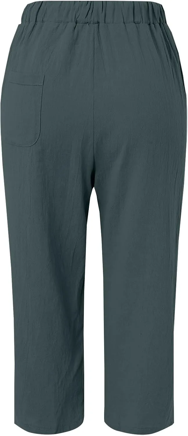 Womens Summer Cotton Linen Casual Trousers Loose Drawstring Waist Pant Pure Color Straight Leg Pants with Pockets