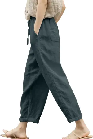Womens Summer Cotton Linen Casual Trousers Loose Drawstring Waist Pant Pure Color Straight Leg Pants with Pockets