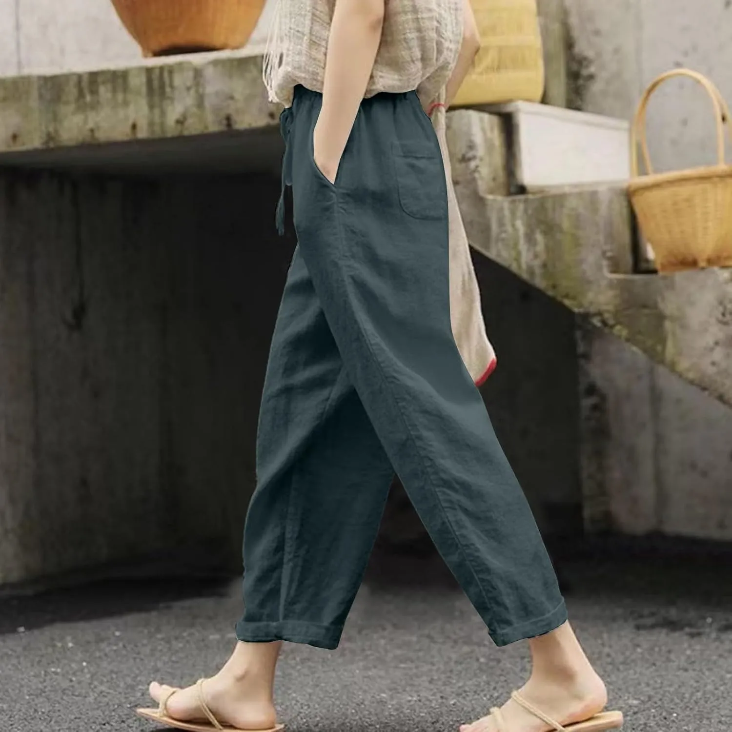Womens Summer Cotton Linen Casual Trousers Loose Drawstring Waist Pant Pure Color Straight Leg Pants with Pockets