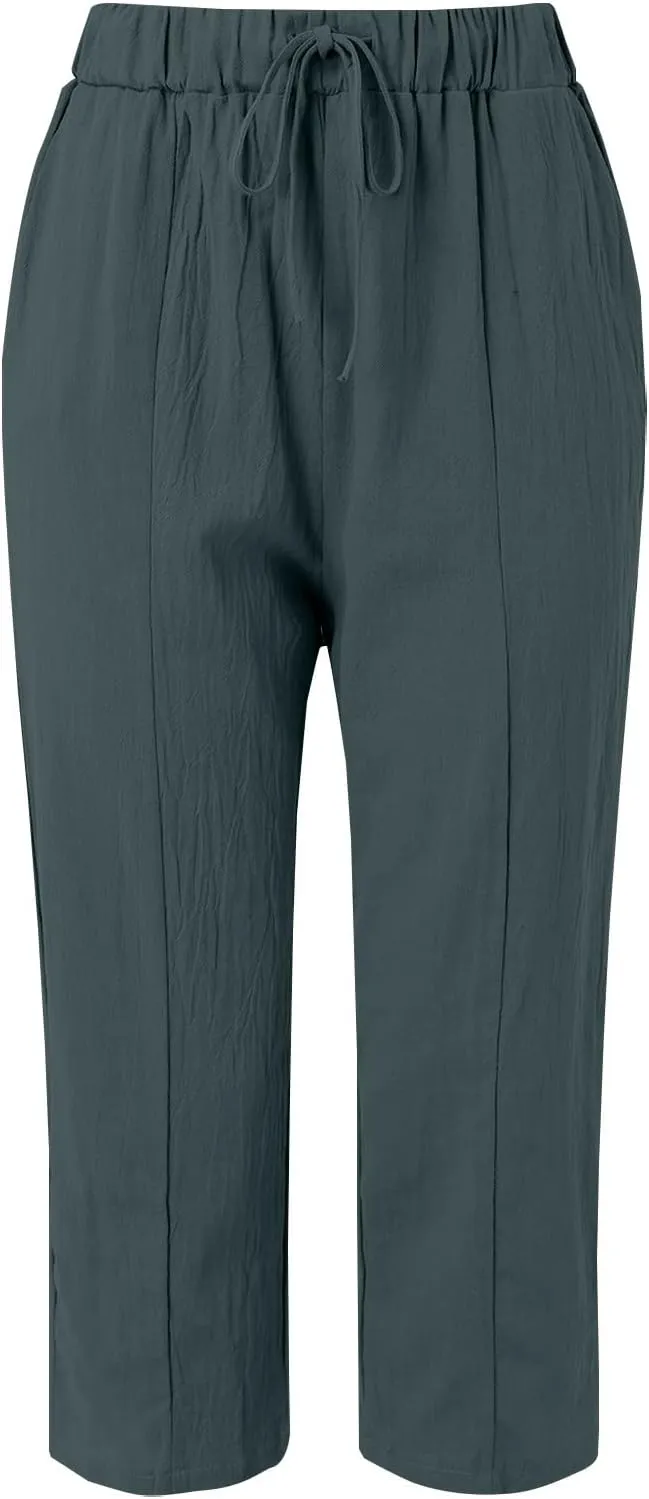 Womens Summer Cotton Linen Casual Trousers Loose Drawstring Waist Pant Pure Color Straight Leg Pants with Pockets
